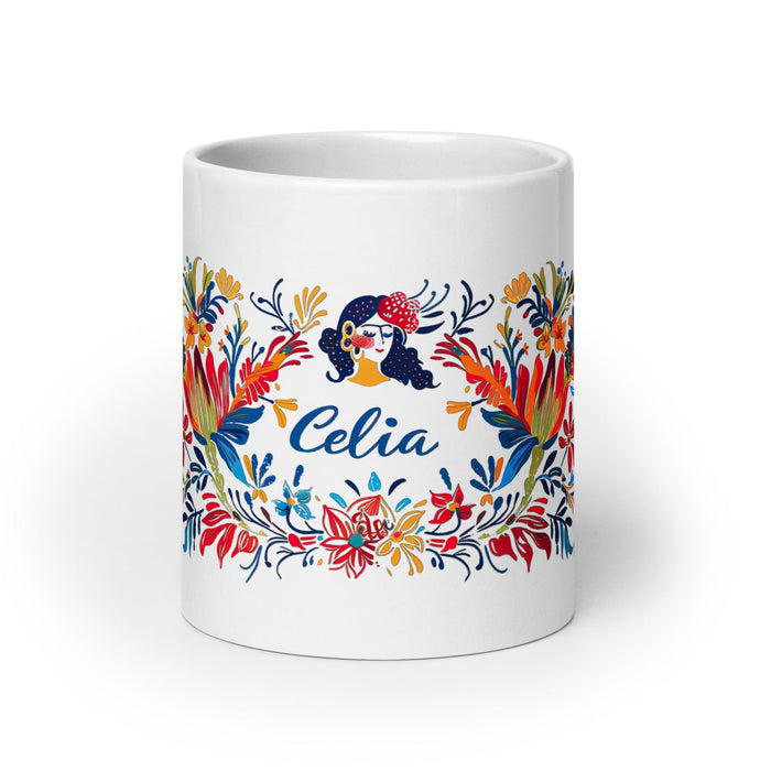 Celia Exclusive Name Art Piece Home Office Work Coffee Mug Mexican Spanish Pride Gift Cup One-Of-A-Kind Calligraphy White Glossy Mug | C19 Mexicada