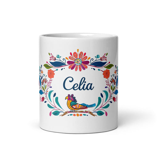 Celia Exclusive Name Art Piece Home Office Work Coffee Mug Mexican Spanish Pride Gift Cup One-Of-A-Kind Calligraphy White Glossy Mug | C2 Mexicada