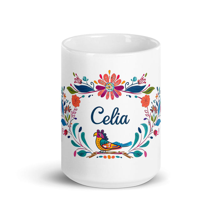 Celia Exclusive Name Art Piece Home Office Work Coffee Mug Mexican Spanish Pride Gift Cup One-Of-A-Kind Calligraphy White Glossy Mug | C2 Mexicada