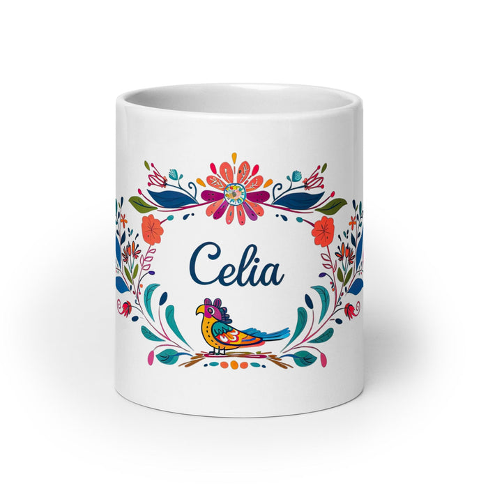 Celia Exclusive Name Art Piece Home Office Work Coffee Mug Mexican Spanish Pride Gift Cup One-Of-A-Kind Calligraphy White Glossy Mug | C2 Mexicada