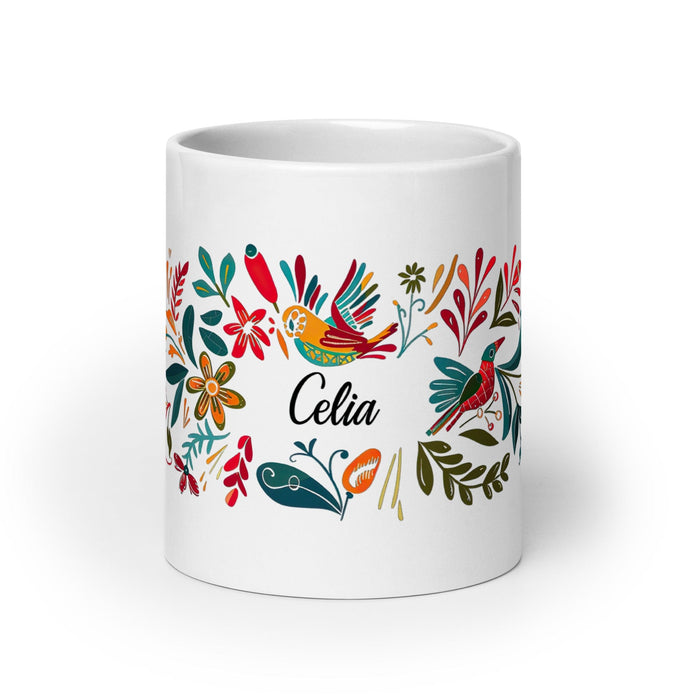 Celia Exclusive Name Art Piece Home Office Work Coffee Mug Mexican Spanish Pride Gift Cup One-Of-A-Kind Calligraphy White Glossy Mug | C22 Mexicada