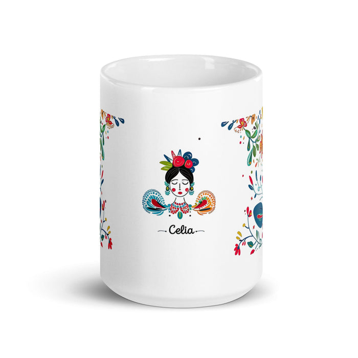 Celia Exclusive Name Art Piece Home Office Work Coffee Mug Mexican Spanish Pride Gift Cup One-Of-A-Kind Calligraphy White Glossy Mug | C23 Mexicada