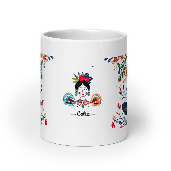 Celia Exclusive Name Art Piece Home Office Work Coffee Mug Mexican Spanish Pride Gift Cup One-Of-A-Kind Calligraphy White Glossy Mug | C23 Mexicada