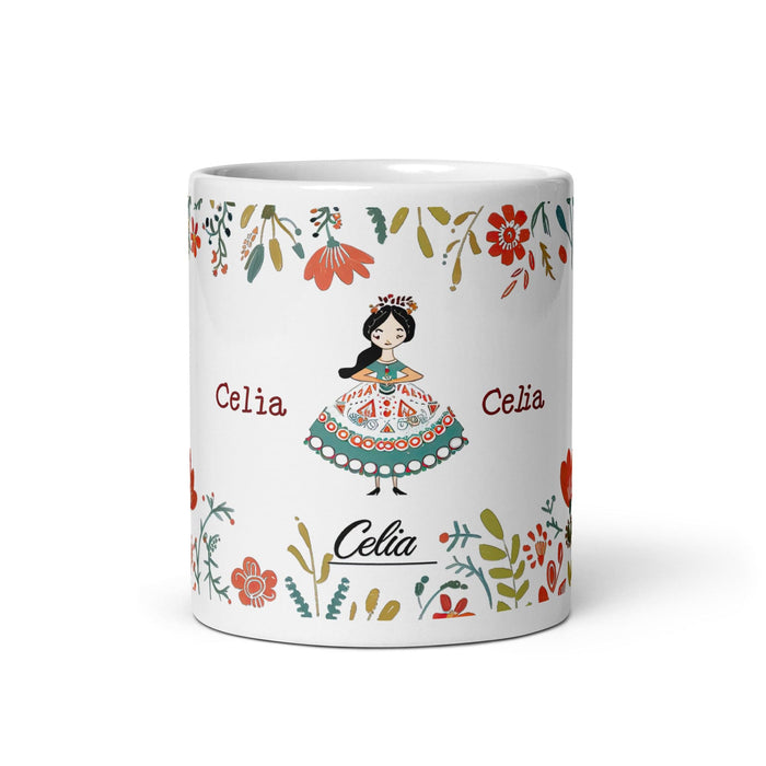 Celia Exclusive Name Art Piece Home Office Work Coffee Mug Mexican Spanish Pride Gift Cup One-Of-A-Kind Calligraphy White Glossy Mug | C24 Mexicada