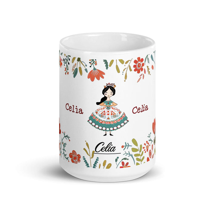 Celia Exclusive Name Art Piece Home Office Work Coffee Mug Mexican Spanish Pride Gift Cup One-Of-A-Kind Calligraphy White Glossy Mug | C24 Mexicada