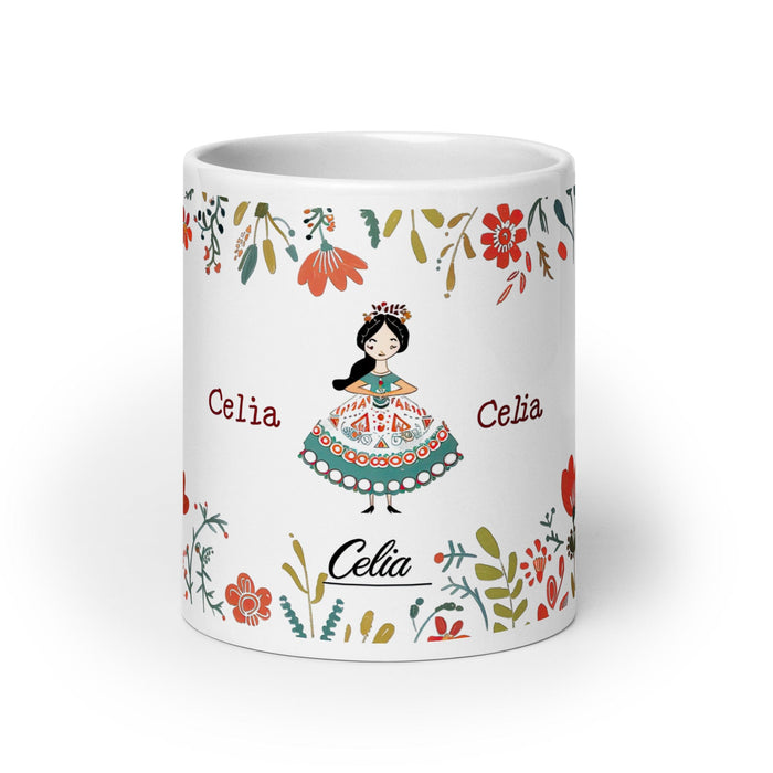 Celia Exclusive Name Art Piece Home Office Work Coffee Mug Mexican Spanish Pride Gift Cup One-Of-A-Kind Calligraphy White Glossy Mug | C24 Mexicada