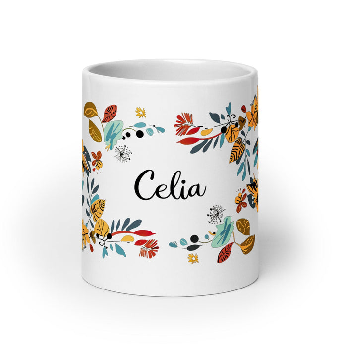 Celia Exclusive Name Art Piece Home Office Work Coffee Mug Mexican Spanish Pride Gift Cup One-Of-A-Kind Calligraphy White Glossy Mug | C3 Mexicada