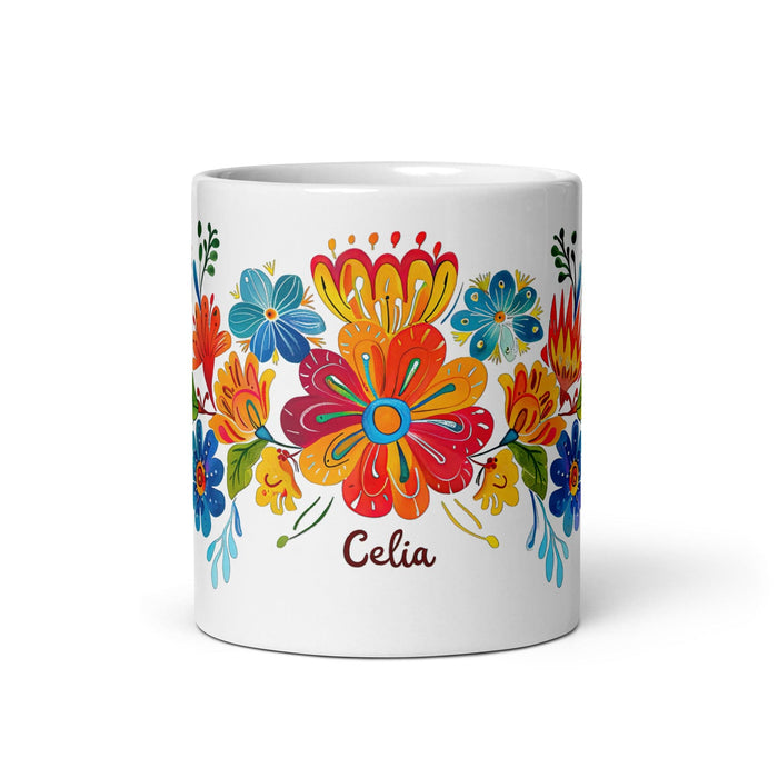 Celia Exclusive Name Art Piece Home Office Work Coffee Mug Mexican Spanish Pride Gift Cup One-Of-A-Kind Calligraphy White Glossy Mug | C4 Mexicada