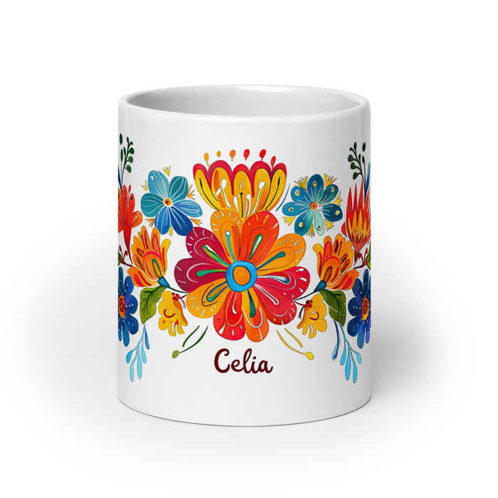 Celia Exclusive Name Art Piece Home Office Work Coffee Mug Mexican Spanish Pride Gift Cup One-Of-A-Kind Calligraphy White Glossy Mug | C4 Mexicada