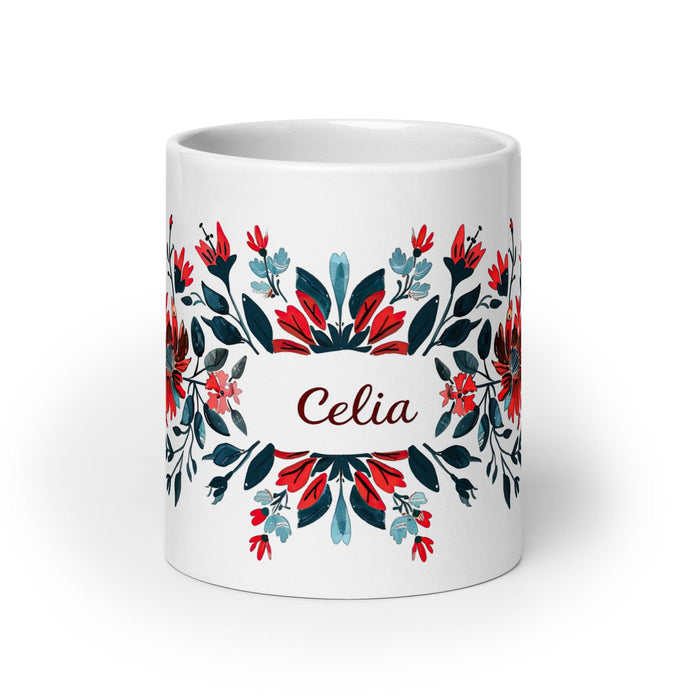 Celia Exclusive Name Art Piece Home Office Work Coffee Mug Mexican Spanish Pride Gift Cup One-Of-A-Kind Calligraphy White Glossy Mug | C5 Mexicada