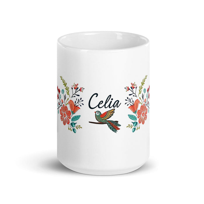 Celia Exclusive Name Art Piece Home Office Work Coffee Mug Mexican Spanish Pride Gift Cup One-Of-A-Kind Calligraphy White Glossy Mug | C6 Mexicada