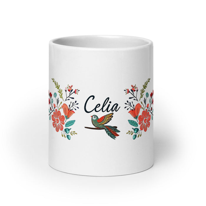 Celia Exclusive Name Art Piece Home Office Work Coffee Mug Mexican Spanish Pride Gift Cup One-Of-A-Kind Calligraphy White Glossy Mug | C6 Mexicada