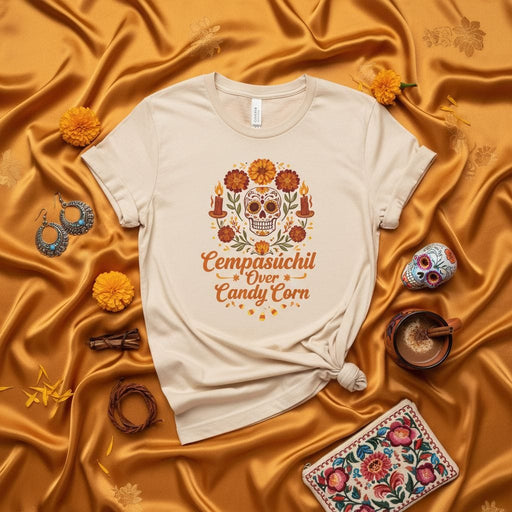 Cempasúchil Over Candy Corn Day of the Dead Shirt, Sugar Skull Marigold T-Shirt, Día de Muertos Ofrenda Flowers Tee, Unisex Fall Holiday Top Mexicada