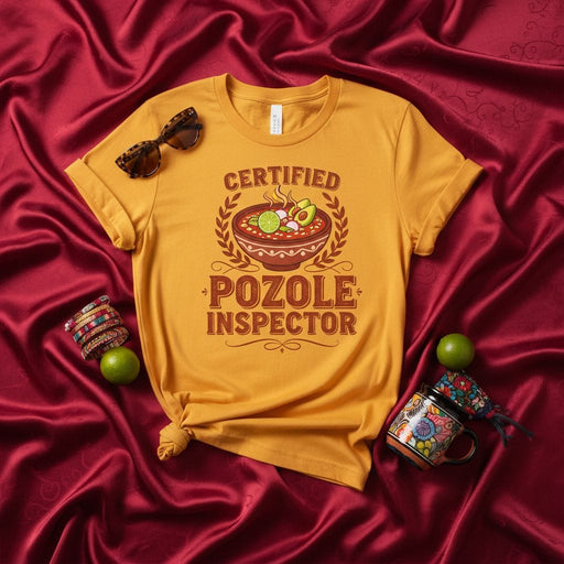Certified Pozole Inspector T-Shirt, Funny Mexican Food Tee, Bowl of Pozole Soup Graphic Shirt, Culinary Enthusiast Gift, Unisex Sarcastic Hispanic Cuisine Apparel for Men and Women, Yellow Gold Color, Short Sleeve T-shirt. Mexicada