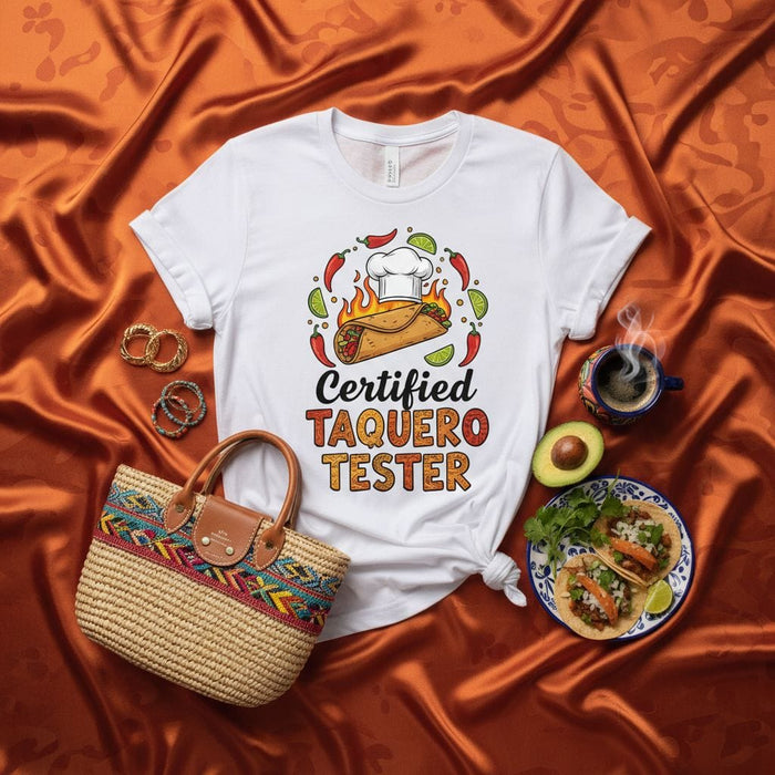 Certified Taquero Tester T-Shirt, Funny Taco Lover Shirt, Mexican Food Humor Tee, Chef Hat Flame Taco Graphic, Taquería Gift for Men & Women, Unisex Hispanic Cuisine Apparel Mexicada