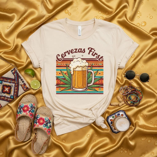 Cervezas First T-Shirt, Fiesta Beer Mug Design, Retro Mexican Serape Stripe Graphic Tee, Casual Summer Drink Top, Unisex Party Shirt, Funny Spanish Phrase T-Shirt Mexicada