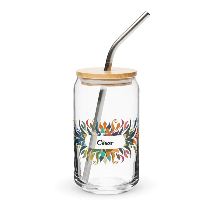 César Exclusive Name Art Piece Can-Shaped Glass Home Office Work Mexican Spanish Pride Gift Cup One-Of-A-Kind Calligraphy Glass | C12 Mexicada 16 oz With Lid & Straw