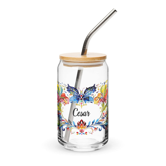 César Exclusive Name Art Piece Can-Shaped Glass Home Office Work Mexican Spanish Pride Gift Cup One-Of-A-Kind Calligraphy Glass | C17 Mexicada 16 oz With Lid & Straw