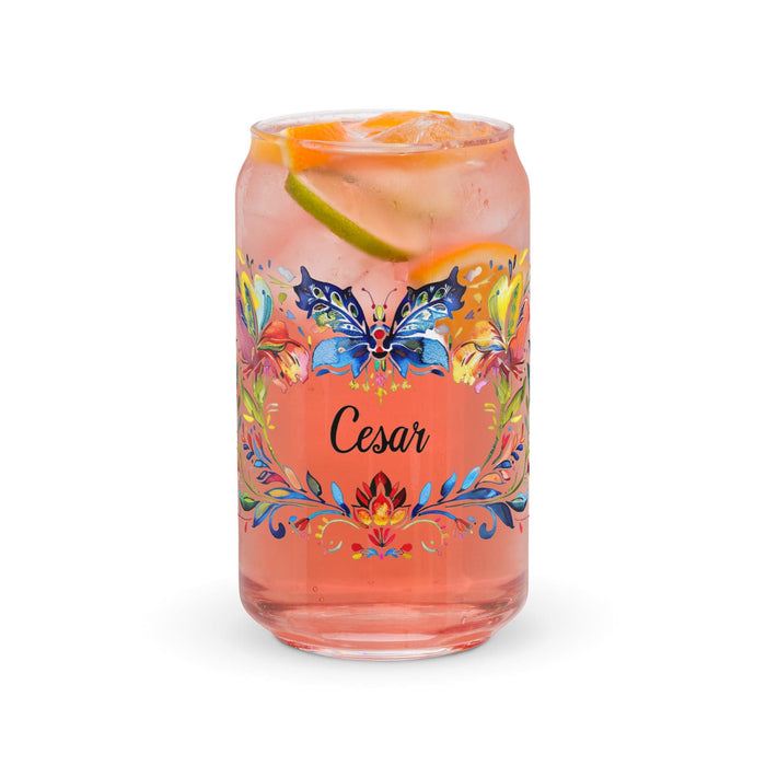 César Exclusive Name Art Piece Can-Shaped Glass Home Office Work Mexican Spanish Pride Gift Cup One-Of-A-Kind Calligraphy Glass | C17 Mexicada