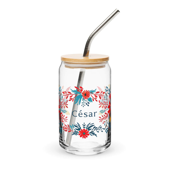 César Exclusive Name Art Piece Can-Shaped Glass Home Office Work Mexican Spanish Pride Gift Cup One-Of-A-Kind Calligraphy Glass | C19 Mexicada 16 oz With Lid & Straw