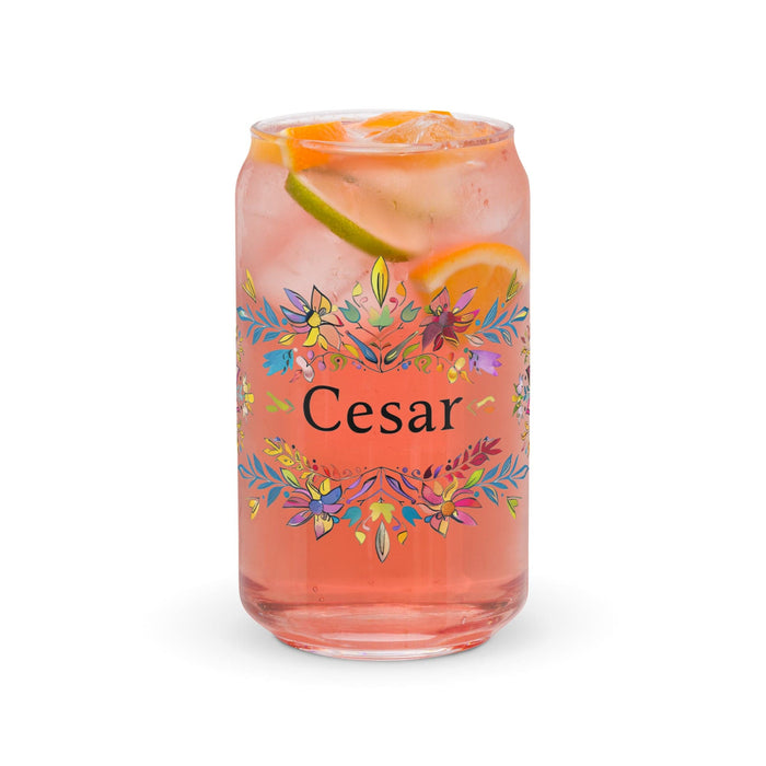 César Exclusive Name Art Piece Can-Shaped Glass Home Office Work Mexican Spanish Pride Gift Cup One-Of-A-Kind Calligraphy Glass | C22 Mexicada