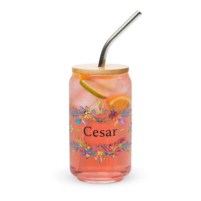 César Exclusive Name Art Piece Can-Shaped Glass Home Office Work Mexican Spanish Pride Gift Cup One-Of-A-Kind Calligraphy Glass | C22 Mexicada