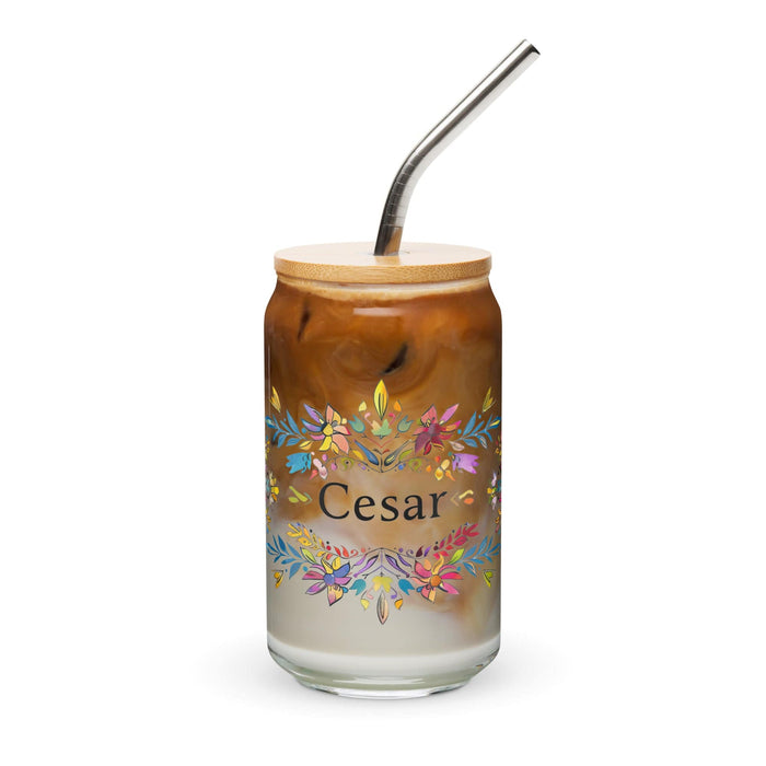 César Exclusive Name Art Piece Can-Shaped Glass Home Office Work Mexican Spanish Pride Gift Cup One-Of-A-Kind Calligraphy Glass | C22 Mexicada