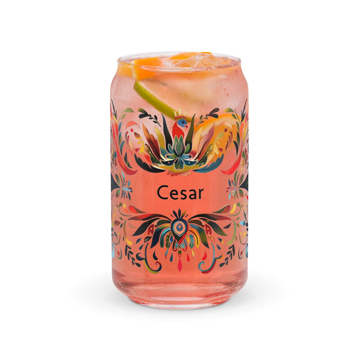 César Exclusive Name Art Piece Can-Shaped Glass Home Office Work Mexican Spanish Pride Gift Cup One-Of-A-Kind Calligraphy Glass | C23 Mexicada