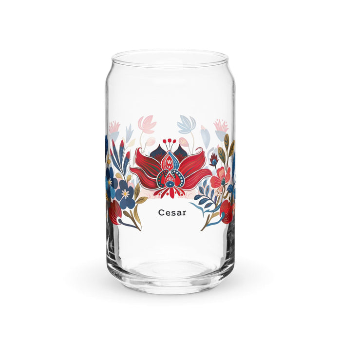 César Exclusive Name Art Piece Can-Shaped Glass Home Office Work Mexican Spanish Pride Gift Cup One-Of-A-Kind Calligraphy Glass | C4 Mexicada 16 oz (No Lid No Straw)