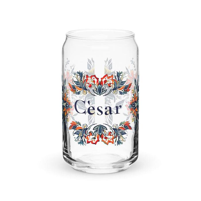 César Exclusive Name Art Piece Can-Shaped Glass Home Office Work Mexican Spanish Pride Gift Cup One-Of-A-Kind Calligraphy Glass | C7 Mexicada 16 oz