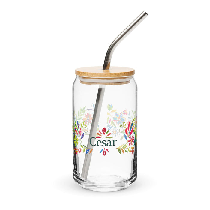 César Exclusive Name Art Piece Can-Shaped Glass Home Office Work Mexican Spanish Pride Gift Cup One-Of-A-Kind Calligraphy Glass | C8 Mexicada 16 oz With Lid & Straw