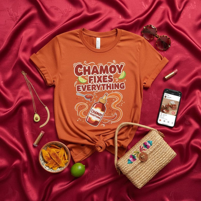 Chamoy Fixes Everything T-Shirt, Mexican Candy Sauce Tee, Spicy Sweet Chile Lime Fruit Seasoning Shirt, Foodie Gift, Latino Culture Apparel, Unisex Orange Graphic Top Mexicada