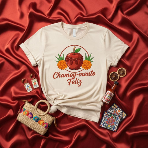 Chamoy-mento Feliz T-Shirt, Happy Chamoy Apple Tee, Mexican Candy Inspired Shirt, Día de Muertos Marigold Flower Graphic, Calavera Sugar Skull Gift Idea Mexicada
