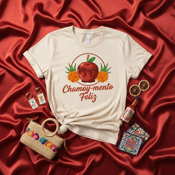 Chamoy-mento Feliz T-Shirt, Happy Chamoy Apple Tee, Mexican Candy Inspired Shirt, Día de Muertos Marigold Flower Graphic, Calavera Sugar Skull Gift Idea Mexicada