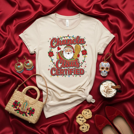 Chancla Claus Certified T-Shirt - Funny Mexican Santa Christmas Tee, Latino Holiday Shirt with Flip Flop, Unisex Xmas Fiesta Gift for Him Her, Navidad Celebration Apparel Mexicada