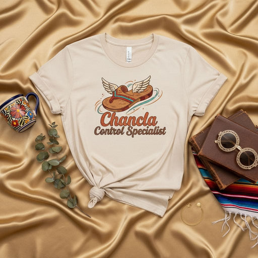 Chancla Control Specialist T-Shirt, Funny Hispanic Mom Latinx Culture Shirt, Vintage Style Flying Sandal Graphic Tee, Unisex Gift for Latina Aunt Grandma, Humorous Latino Apparel. Mexicada