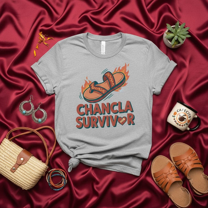 Chancla Survivor Shirt Funny Latino Mom Gift for Hispanic Heritage Month, Unisex Tee with Burning Sandal Graphic and Spanish Phrase Mexicada