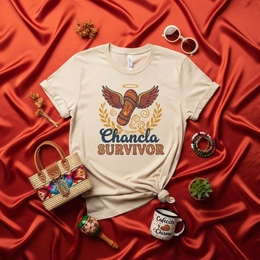 Chancla Survivor T-Shirt | Funny Hispanic Latina Mom Gift | Retro Vintage Spanglish Culture Tee | Flying Sandal Shoe Graphic T-Shirt for Men & Women Mexicada
