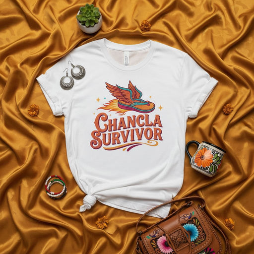 Chancla Survivor T-Shirt | Funny Latina Culture Shirt | Hispanic Heritage Gift | Vintage Style Graphic Tee | Unisex Sizing Mexicada