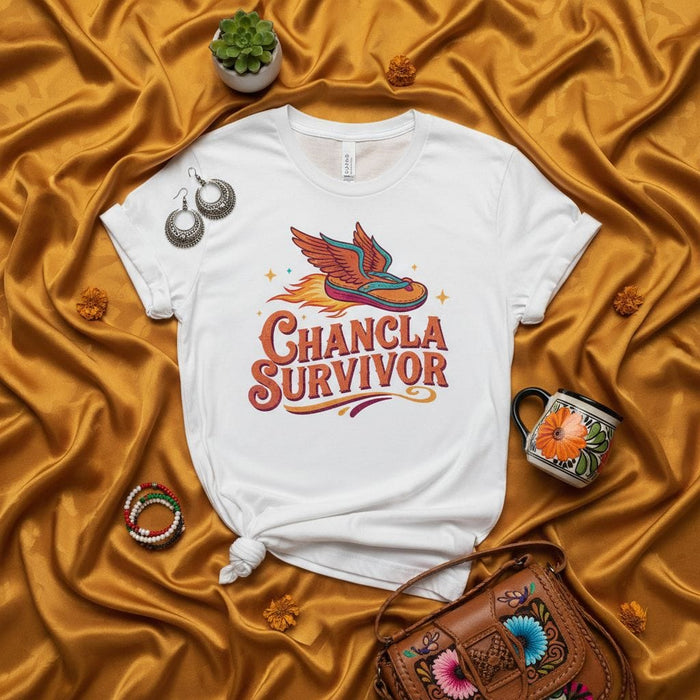 Chancla Survivor T-Shirt | Funny Latina Culture Shirt | Hispanic Heritage Gift | Vintage Style Graphic Tee | Unisex Sizing Mexicada