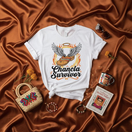 Chancla Survivor T-Shirt Funny Latina Mom Spanking Discipline Culture Gift Shirt with Wings and Halo Unisex Tee for Hispanic Heritage Month Joke Parents Gift Idea Mexicada