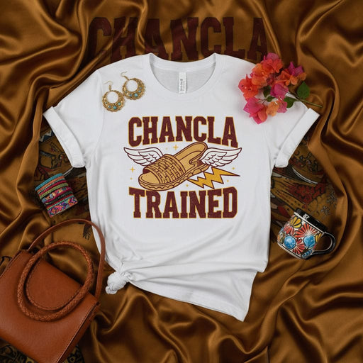 Chancla Trained Funny Hispanic Heritage T-Shirt, La Chancla Flip Flop Tee, Spanish Mom Latina Gift, Culture Humor Unisex Shirt with Wings and Lightning Mexicada