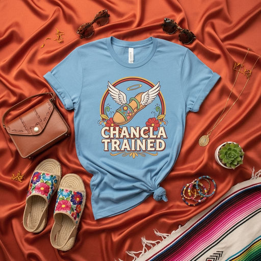 Chancla Trained T-Shirt with Winged Sandal and Halo, Funny Latino Hispanic Culture Gift Tee, Unisex Graphic Shirt for Mom or Dad, Colorful Floral Design, Rainbow Circle Background Mexicada