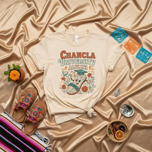 Chancla University Alumni T-Shirt, Funny Graduation Gift, Latino Heritage Shirt, Cute Sandals Graphic Tee, Retro Groovy Hispanic Culture Clothing Mexicada