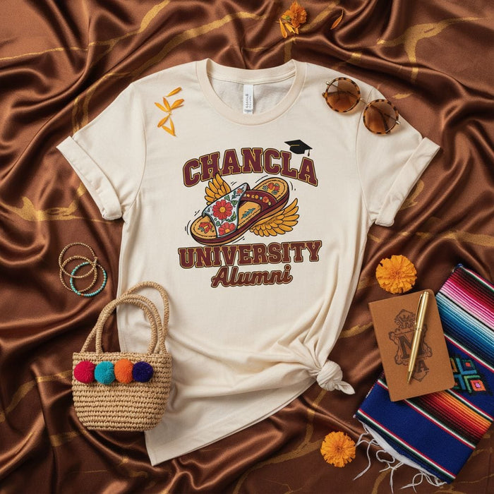 Chancla University Alumni T-Shirt, Funny Hispanic Latino Culture Gift, La Chancla Flying Sandal Graduation Tee, Retro College Style Unisex Shirt Mexicada