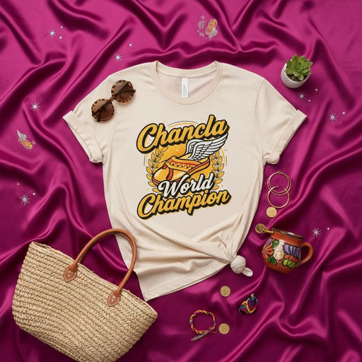 Chancla World Champion T-Shirt Unisex, Funny Hispanic Latino Mama Gift, Flying Sandal Graphic Tee, Cultura Humor Shirt, Beige Tan Short Sleeve Top, Vintage Style Graphic Print Clothing Mexicada