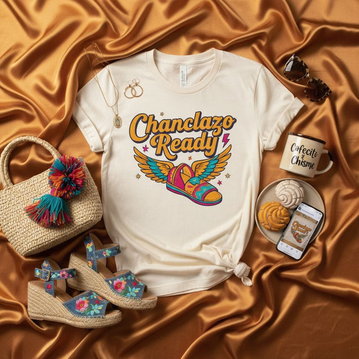 Chanclazo Ready T-Shirt with Winged Sandal Graphic, Funny Latina Mom Culture Gift Tee, Retro Style Spanish English Phrase Shirt, Unisex Fit Mexicada