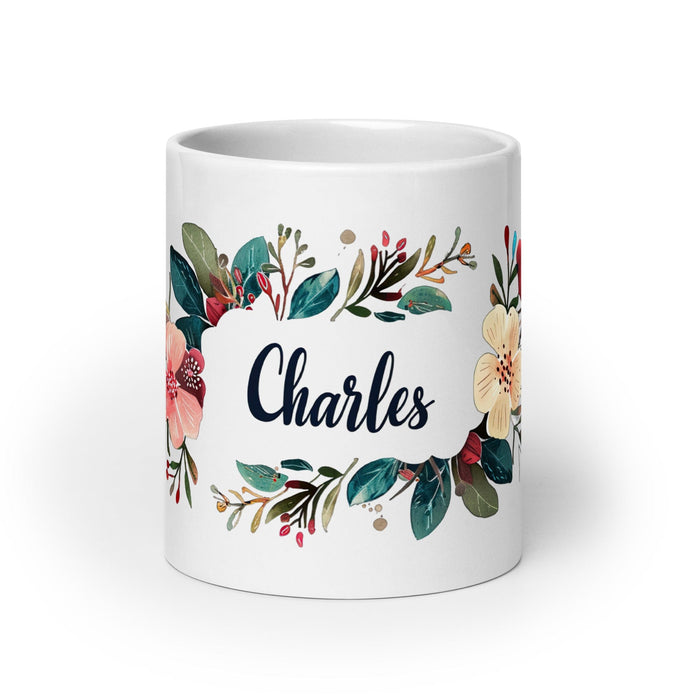 Charles Exclusive Name Art Piece Home Office Work Coffee Mug Mexican Spanish Pride Gift Cup One-Of-A-Kind Calligraphy White Glossy Mug | C2 Mexicada