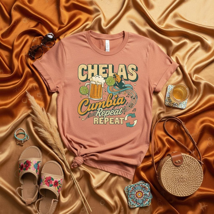 Chelas Cumbia Repeat Repeat Shirt, Funny Mexican Fiesta T-Shirt, Cumbia Dancer Beer Lover Tee, Latin Music Festival Party Apparel, Gift for Latina or Latino Mexicada