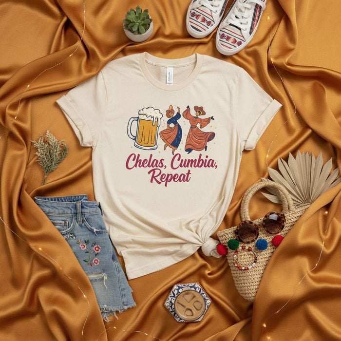 Chelas Cumbia Repeat T-Shirt, Dancing Couple Beer Mug, Latina Cumbia Dancer Tee, Unisex Graphic Shirt, Latin Music Lover Gift, Hispanic Heritage Month Top Mexicada